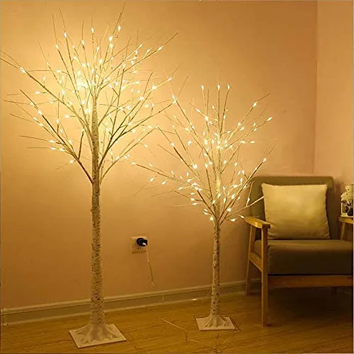 PABIPABI （Pack of 2） White Birch Tree with Lights Set 5FT 6FT Christmas Tree Lights Combo Kit Perfect for Indoor Outdoor Home Decor Holiday Party Wedding Thanksgiving & Christmas Decorations