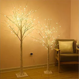 PABIPABI （Pack of 2） White Birch Tree with Lights Set 5FT 6FT Christmas Tree Lights Combo Kit Perfect for Indoor Outdoor Home Decor Holiday Party Wedding Thanksgiving & Christmas Decorations