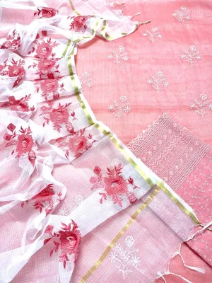 Pink Hand Embroided Kota Doria Suit Fabric With Dupatta