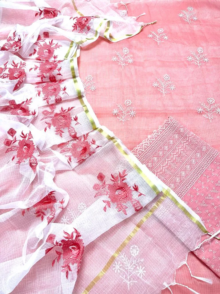 Pink Hand Embroided Kota Doria Suit Fabric With Dupatta