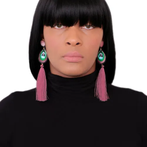 Pink Long Peacock Tassel Earrings