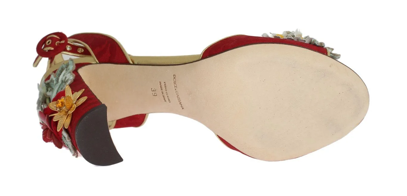 Red Brocade Floral Crystal Sandals