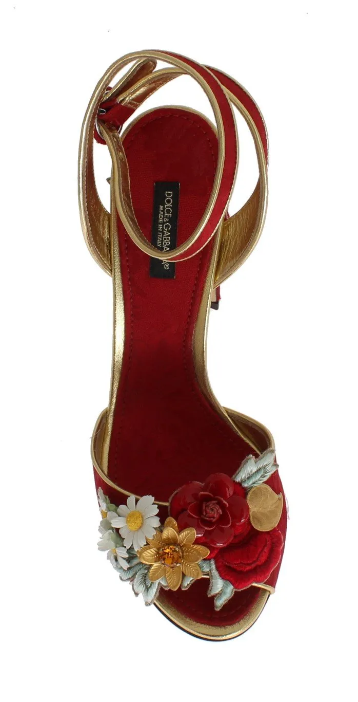 Red Brocade Floral Crystal Sandals