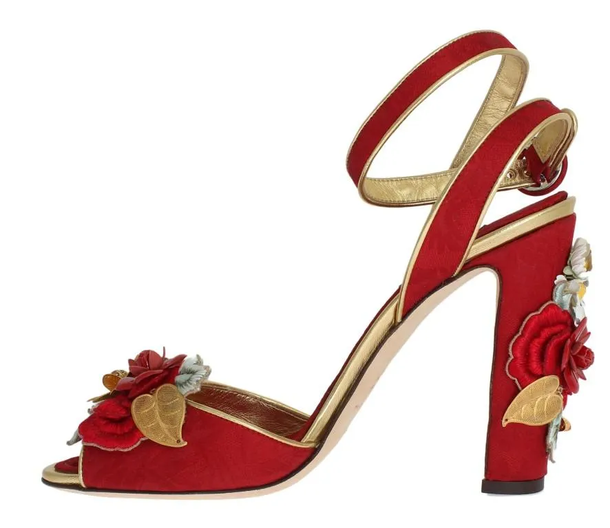 Red Brocade Floral Crystal Sandals