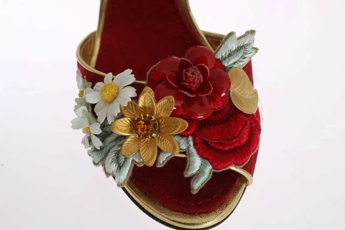 Red Brocade Floral Crystal Sandals