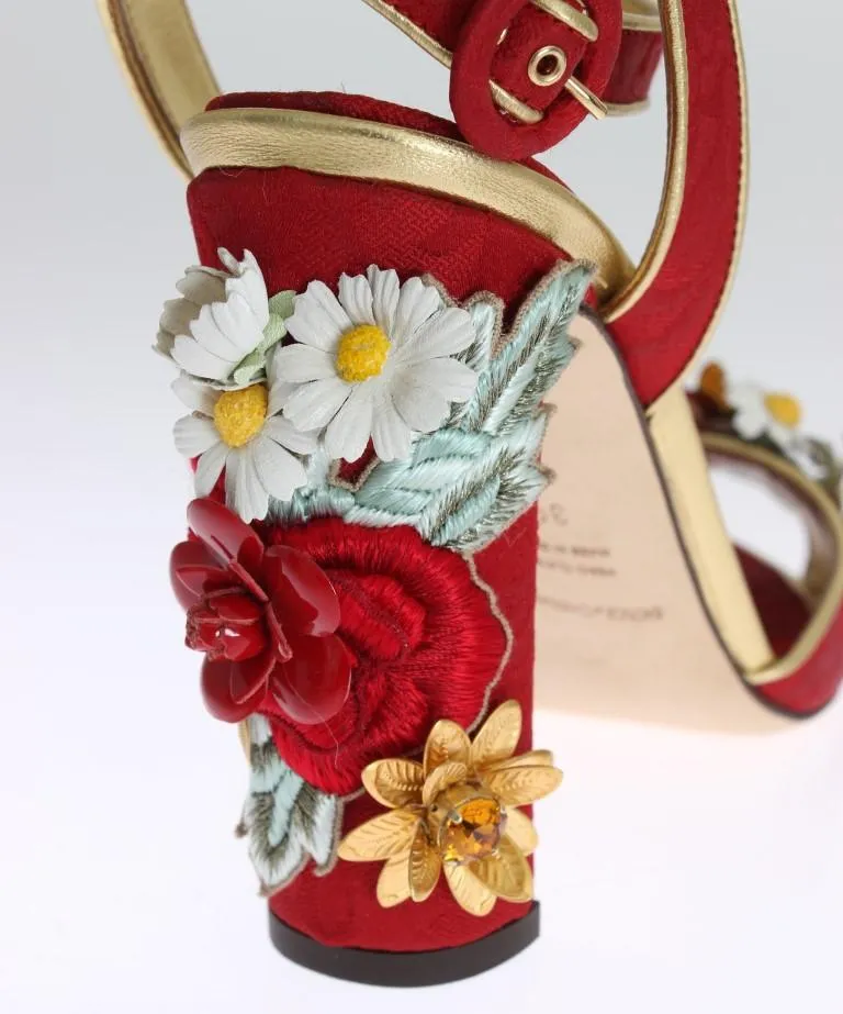 Red Brocade Floral Crystal Sandals