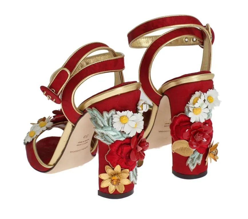 Red Brocade Floral Crystal Sandals