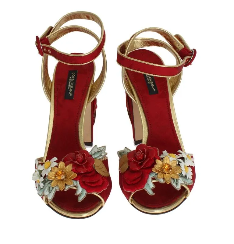 Red Brocade Floral Crystal Sandals