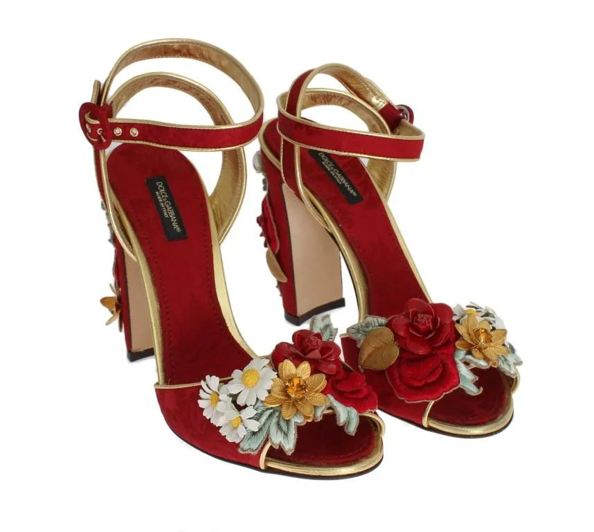 Red Brocade Floral Crystal Sandals