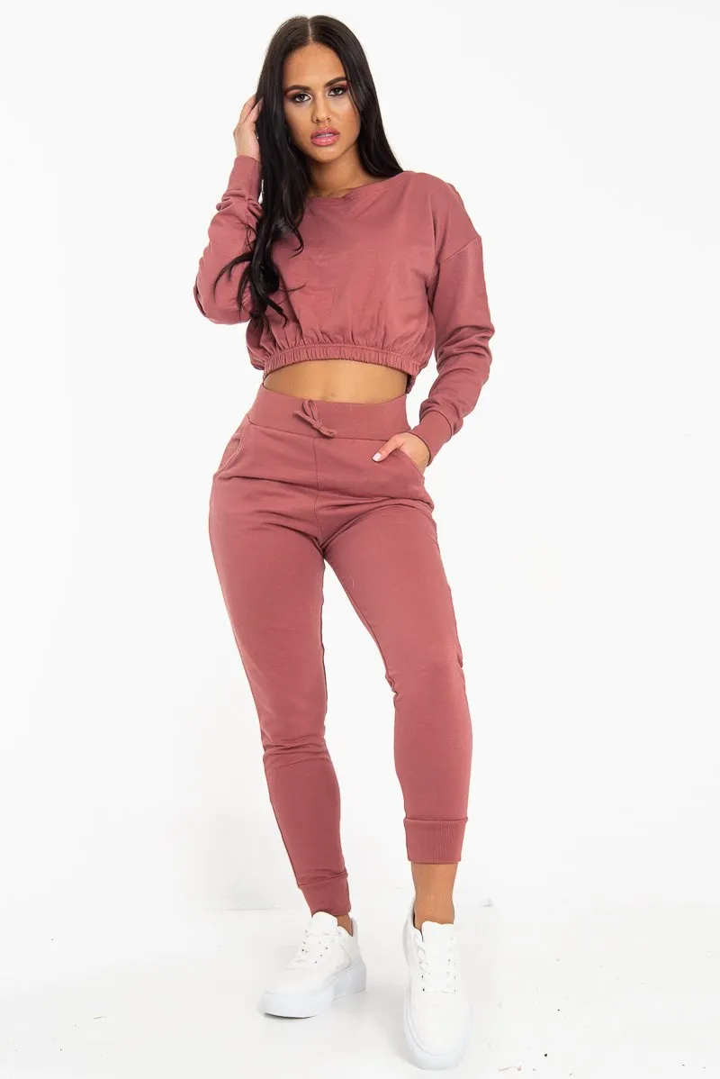Rust Pink Elasticated Cropped Top and Jogger Set - Kruz