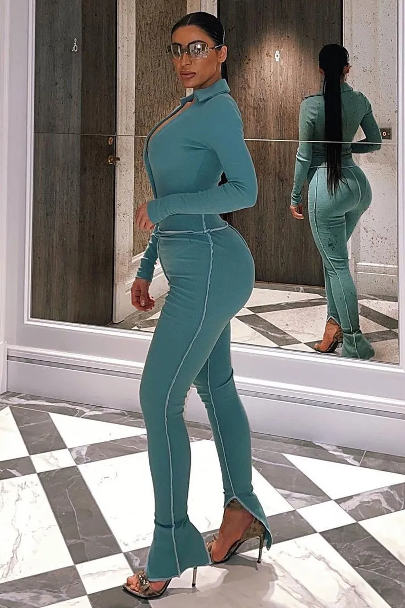 Sage Contrast Stitch Split Hem Leggings - Ria