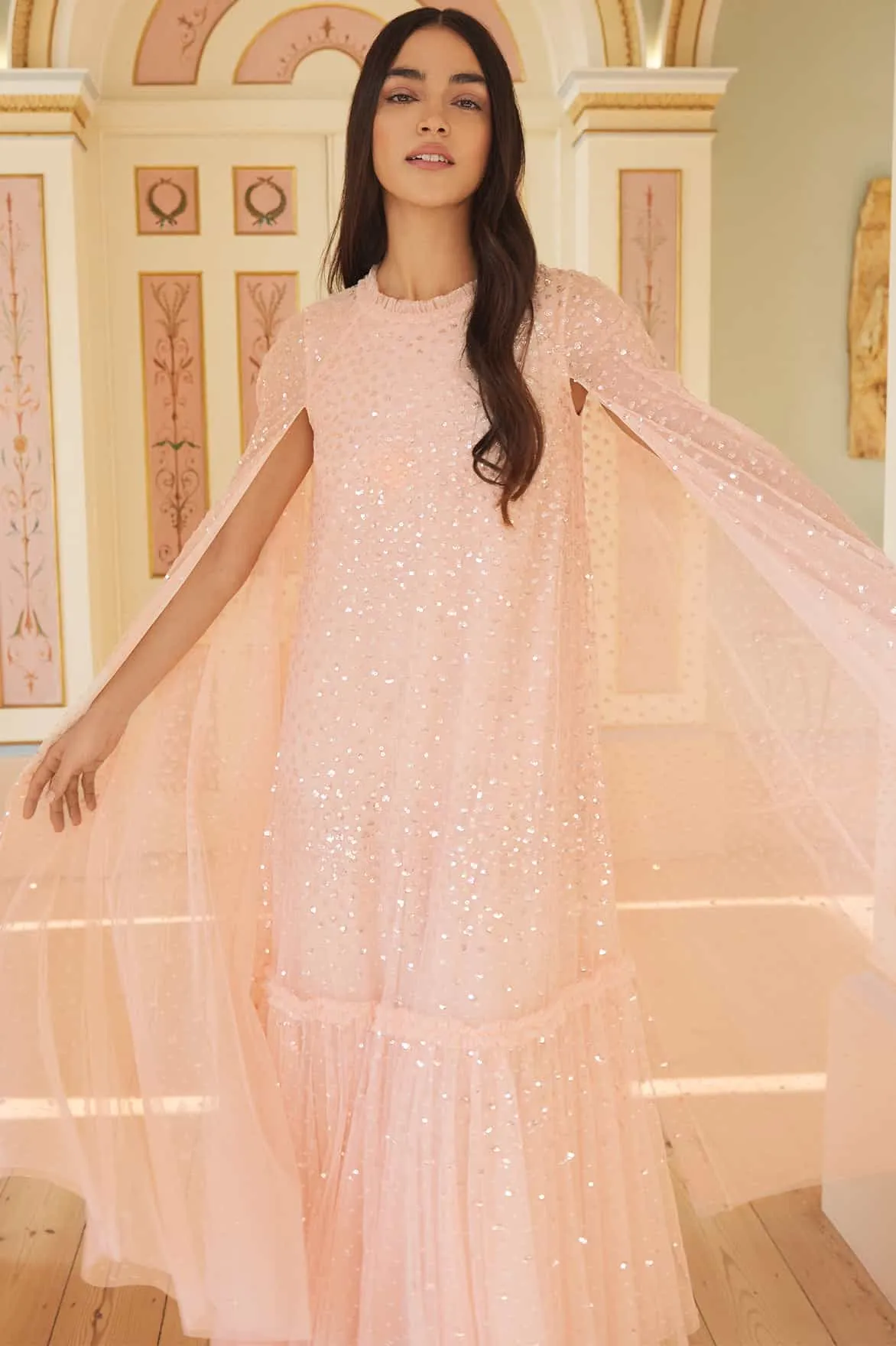 Scatter Dot Cape Tiered Ankle Gown