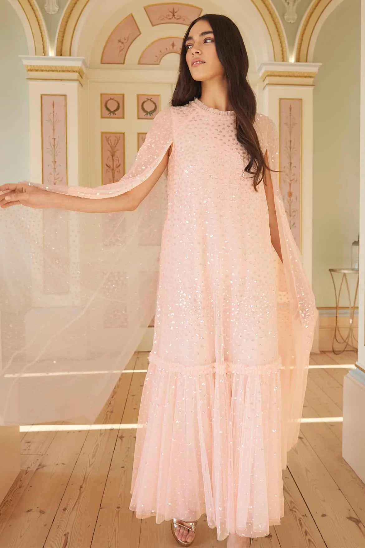Scatter Dot Cape Tiered Ankle Gown