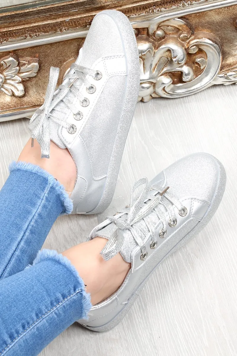 Silver Lace Up Glitter Trainers - Siarra