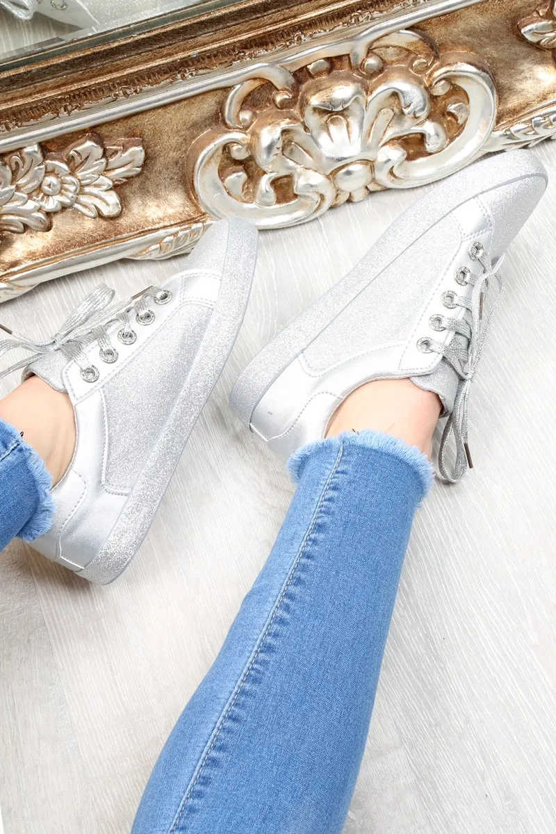 Silver Lace Up Glitter Trainers - Siarra