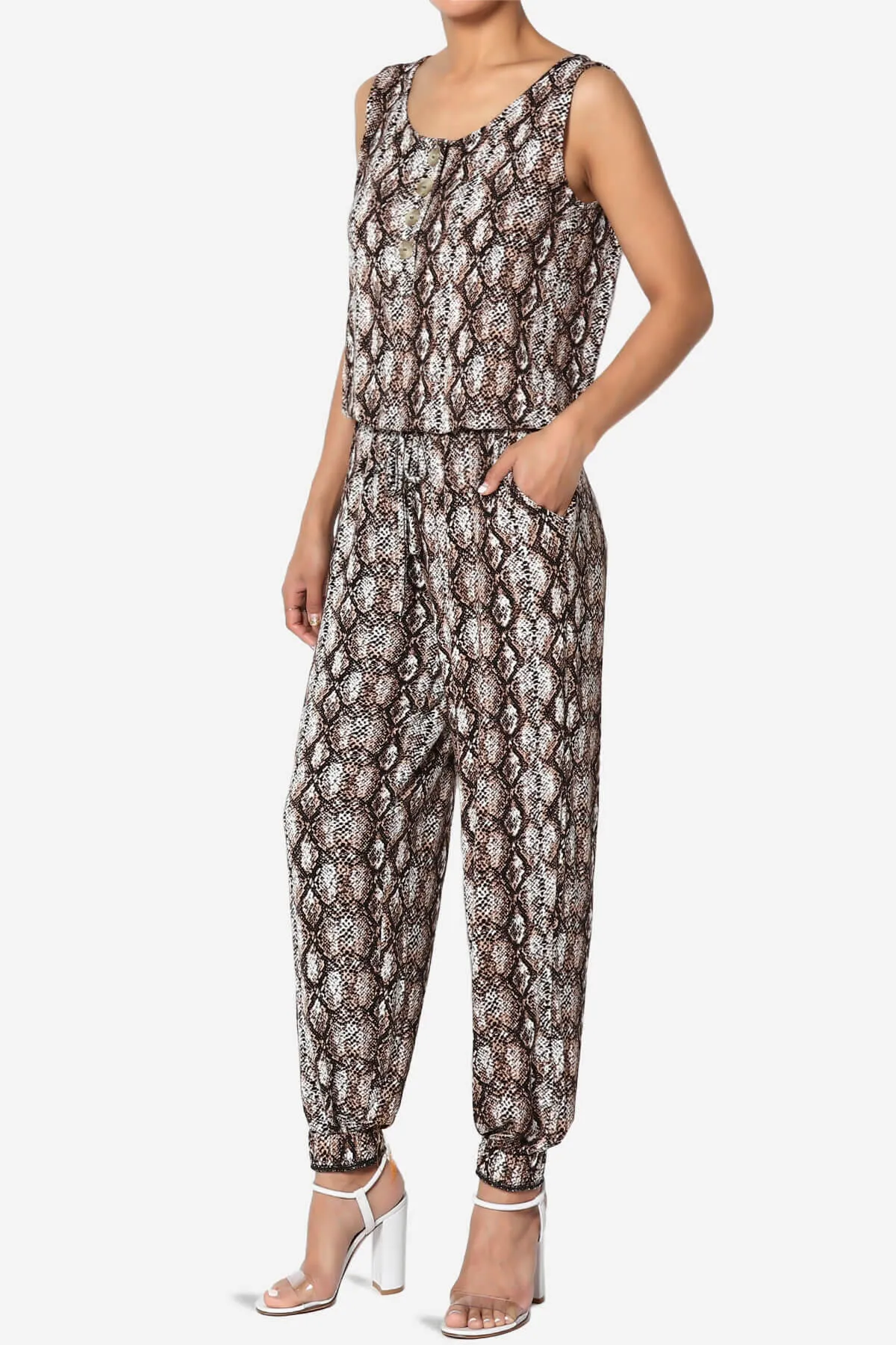 Snake Print Button Scoop Neck Tank Harem Jumpsuit