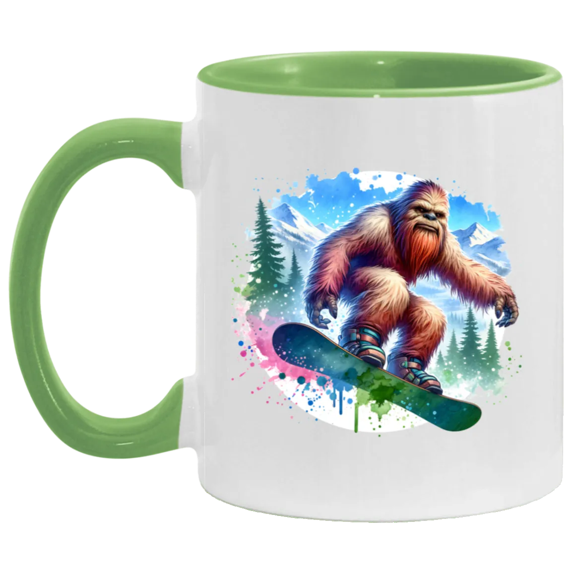 Snowboarding Sasquatch - Mugs, Black, White and Accent Colors