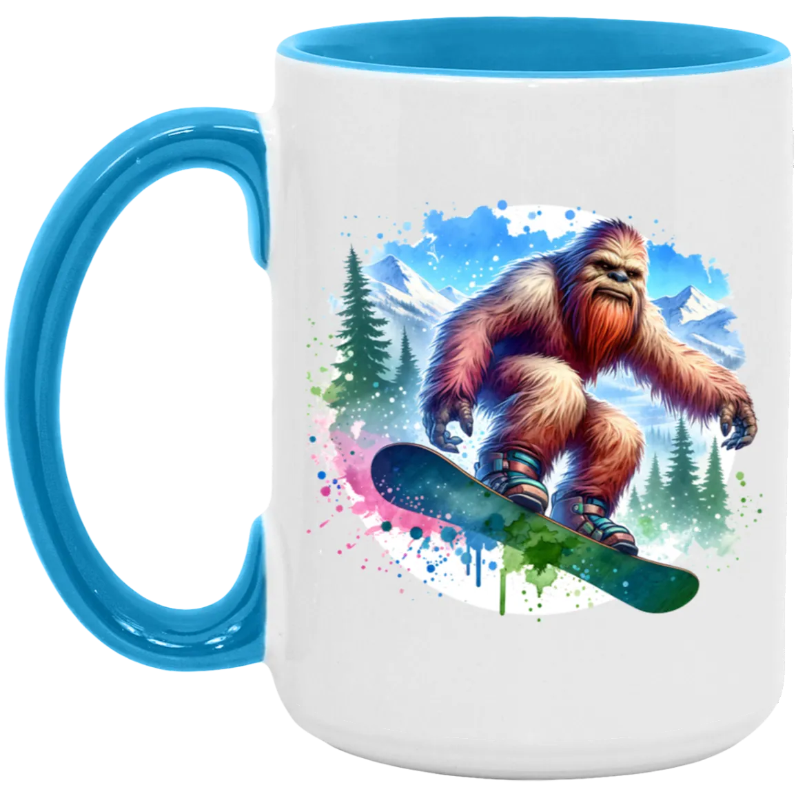 Snowboarding Sasquatch - Mugs, Black, White and Accent Colors