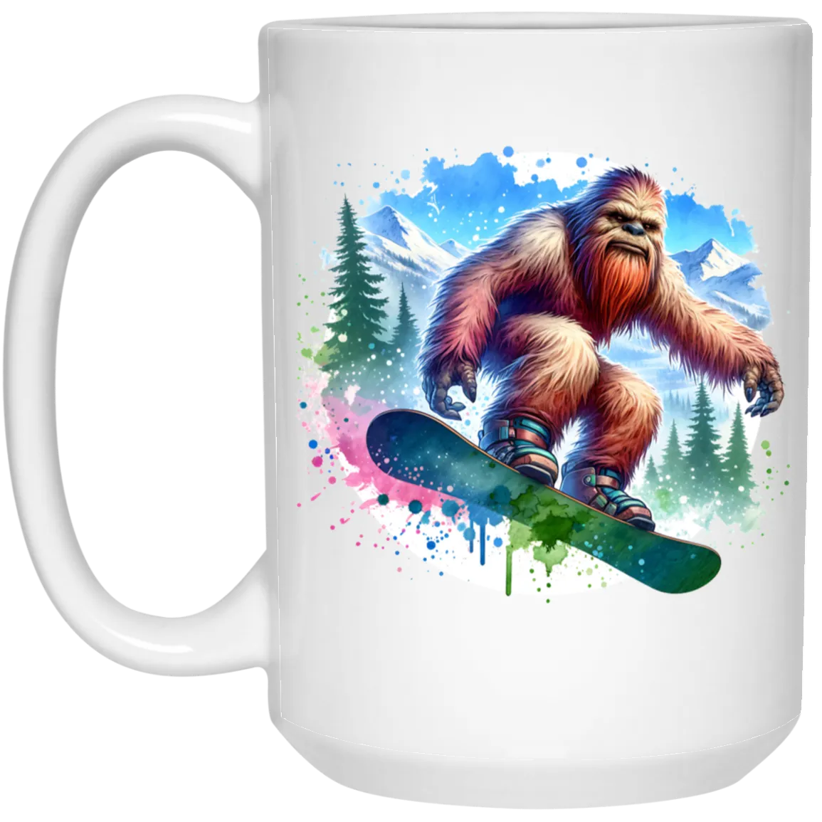 Snowboarding Sasquatch - Mugs, Black, White and Accent Colors