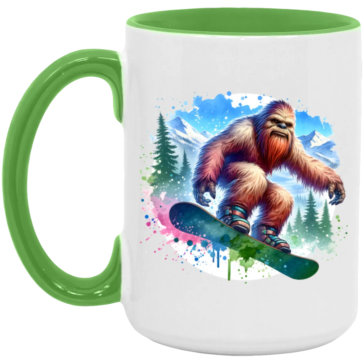 Snowboarding Sasquatch - Mugs, Black, White and Accent Colors