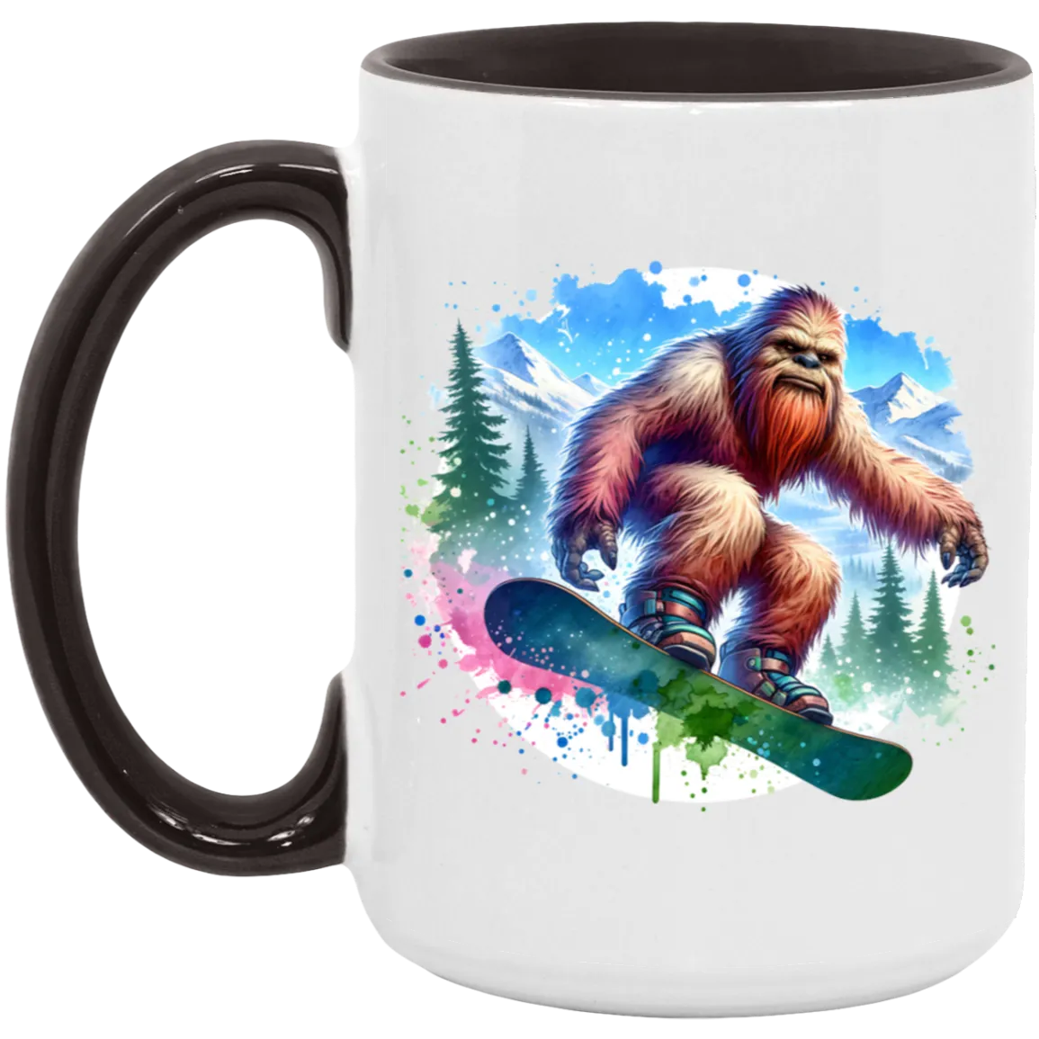 Snowboarding Sasquatch - Mugs, Black, White and Accent Colors