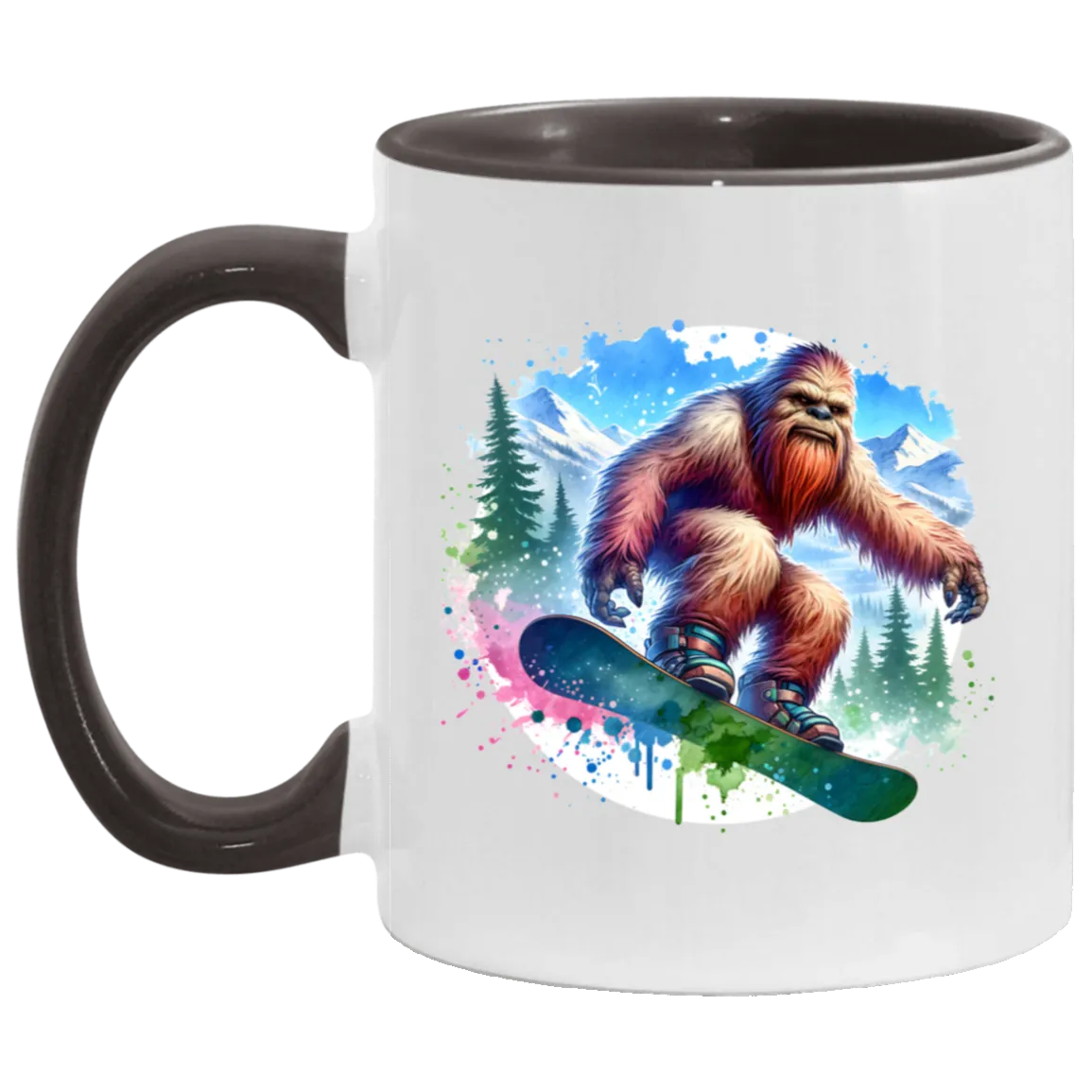 Snowboarding Sasquatch - Mugs, Black, White and Accent Colors