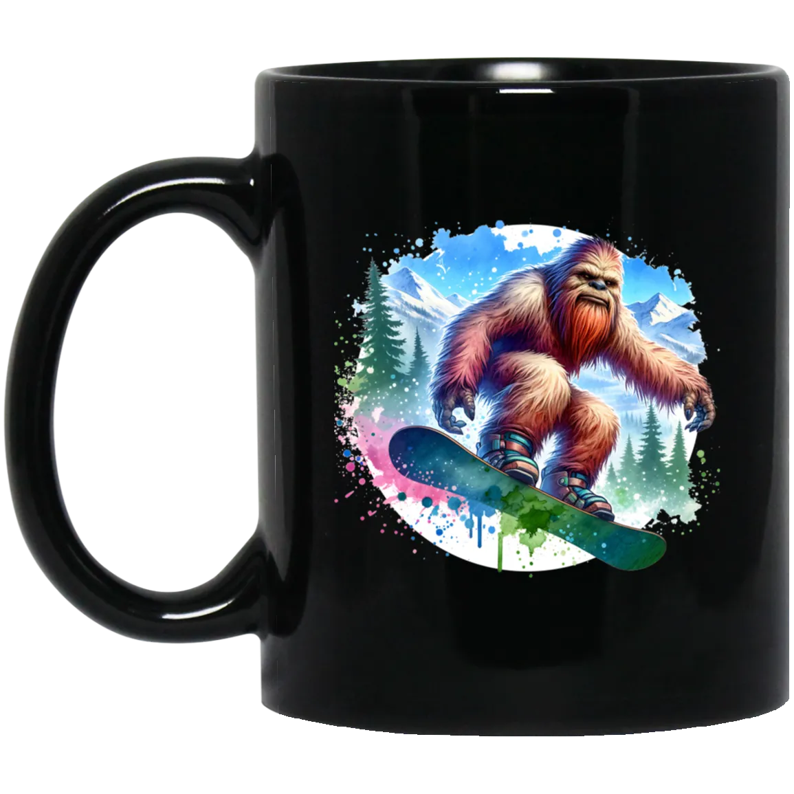 Snowboarding Sasquatch - Mugs, Black, White and Accent Colors