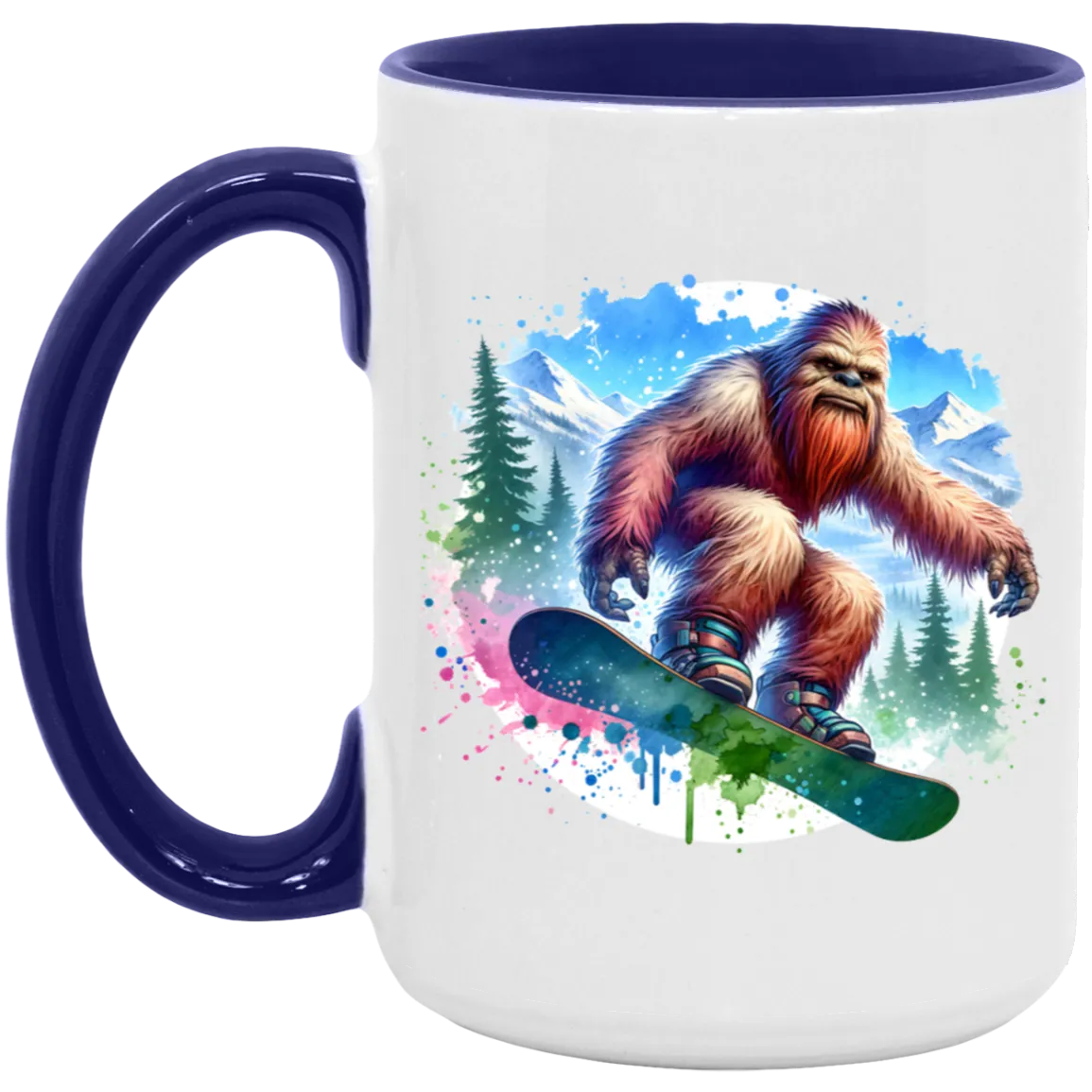 Snowboarding Sasquatch - Mugs, Black, White and Accent Colors