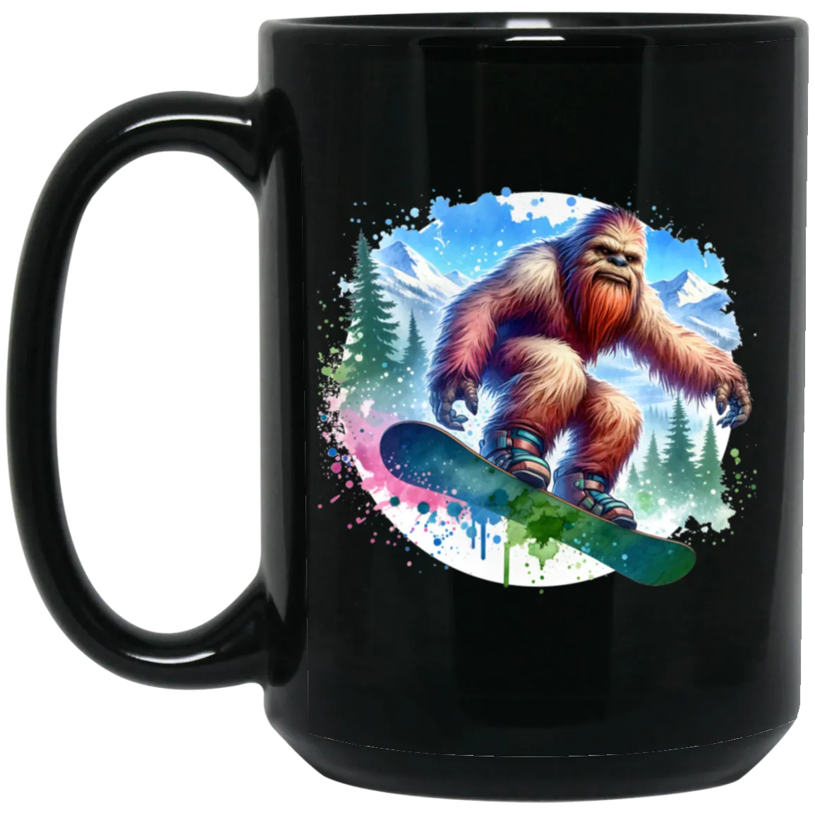 Snowboarding Sasquatch - Mugs, Black, White and Accent Colors