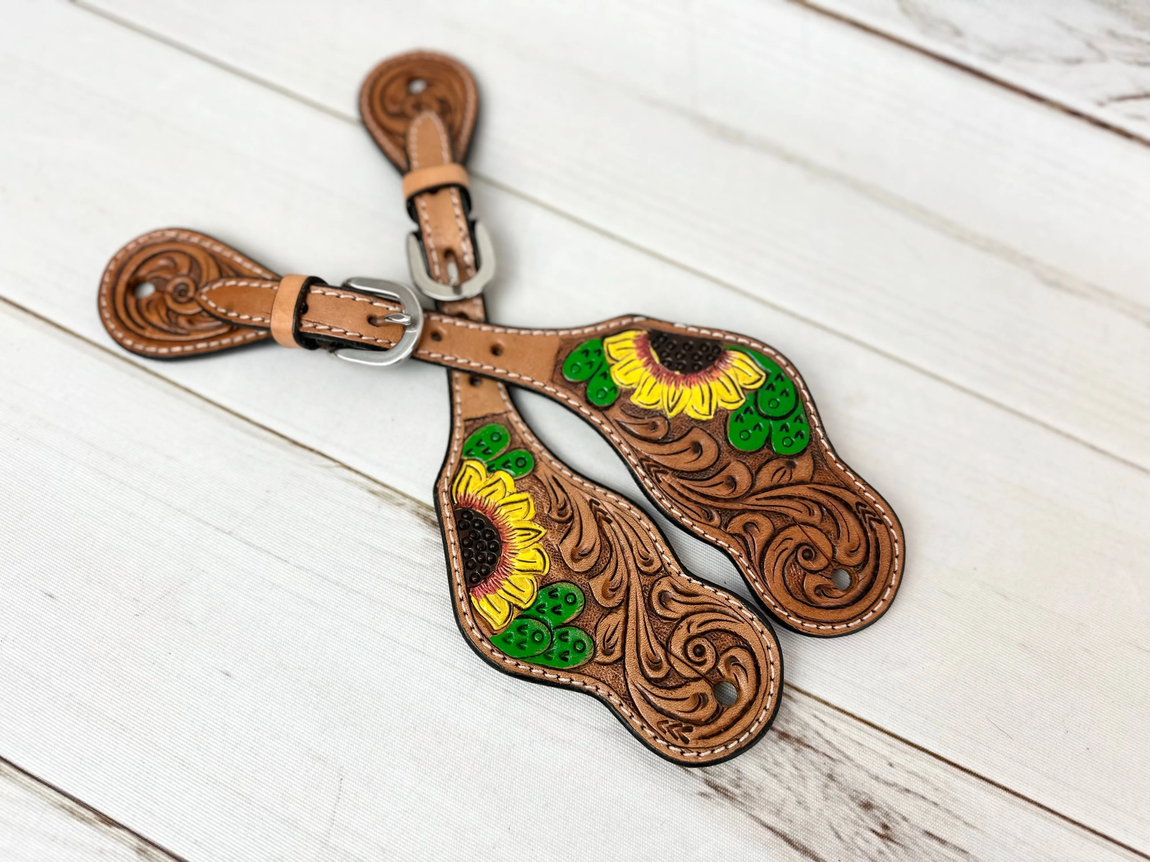 Sunflower Cactus Painted Leather Sunflower Spur Straps