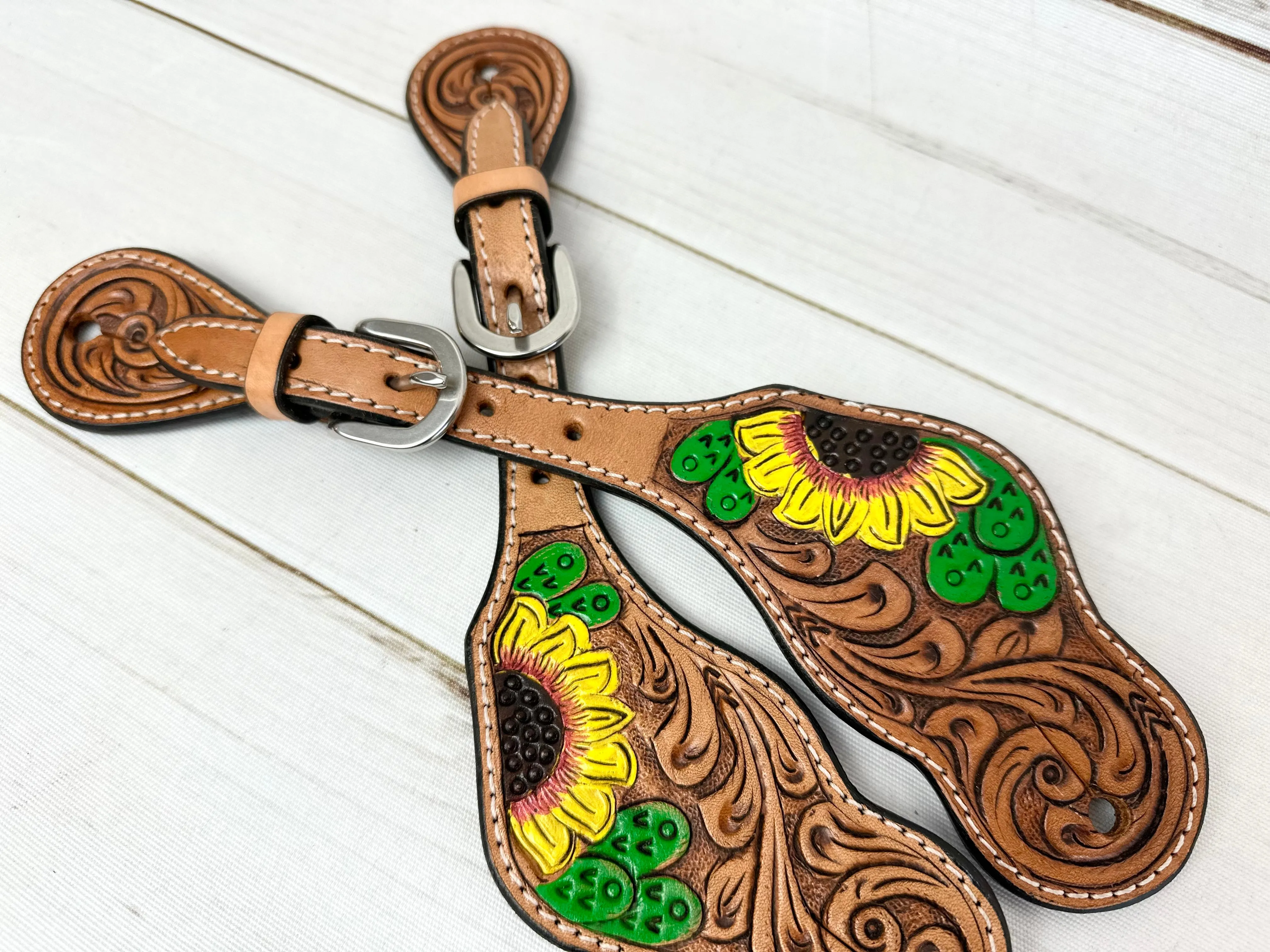 Sunflower Cactus Painted Leather Sunflower Spur Straps
