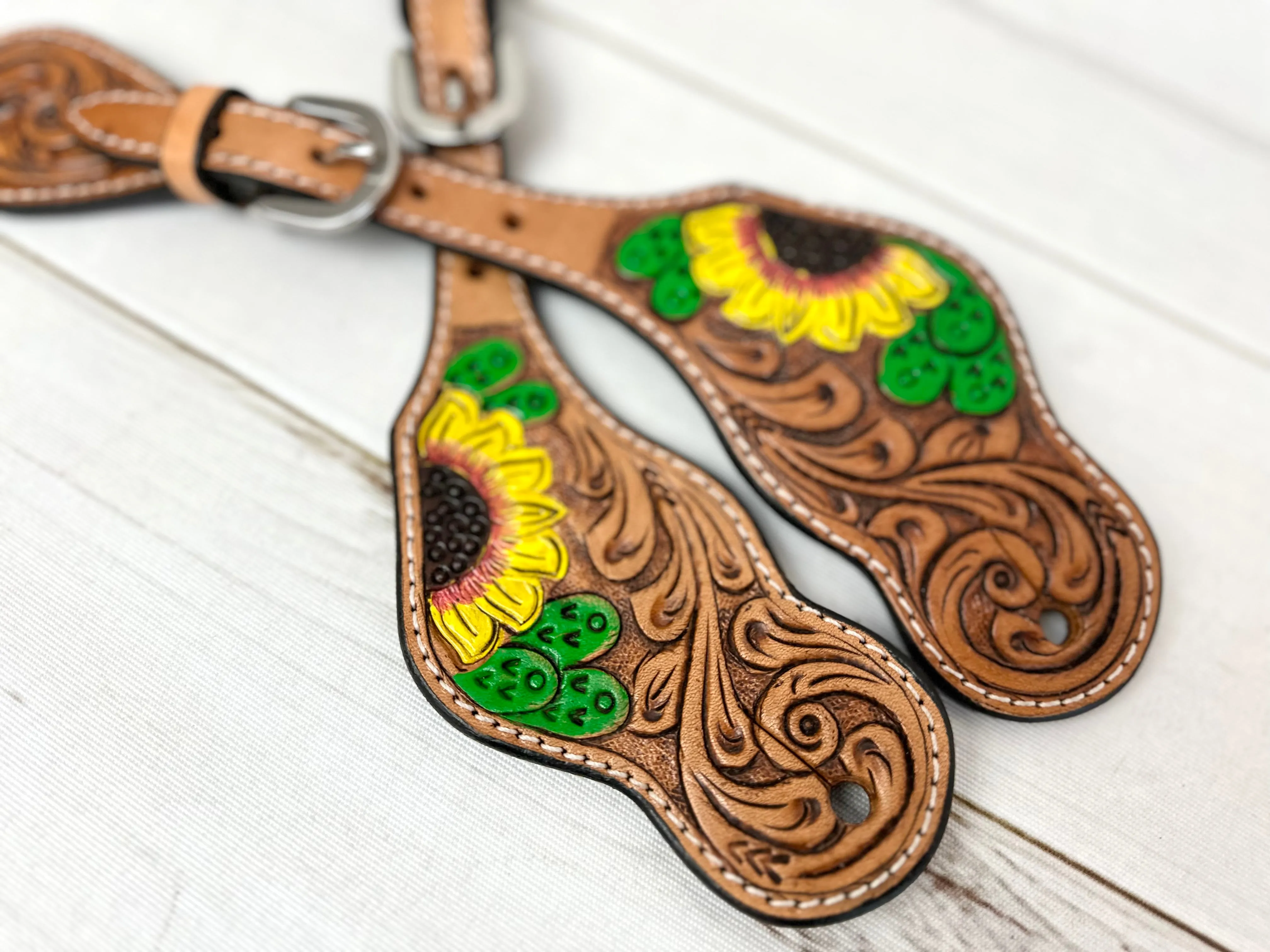Sunflower Cactus Painted Leather Sunflower Spur Straps