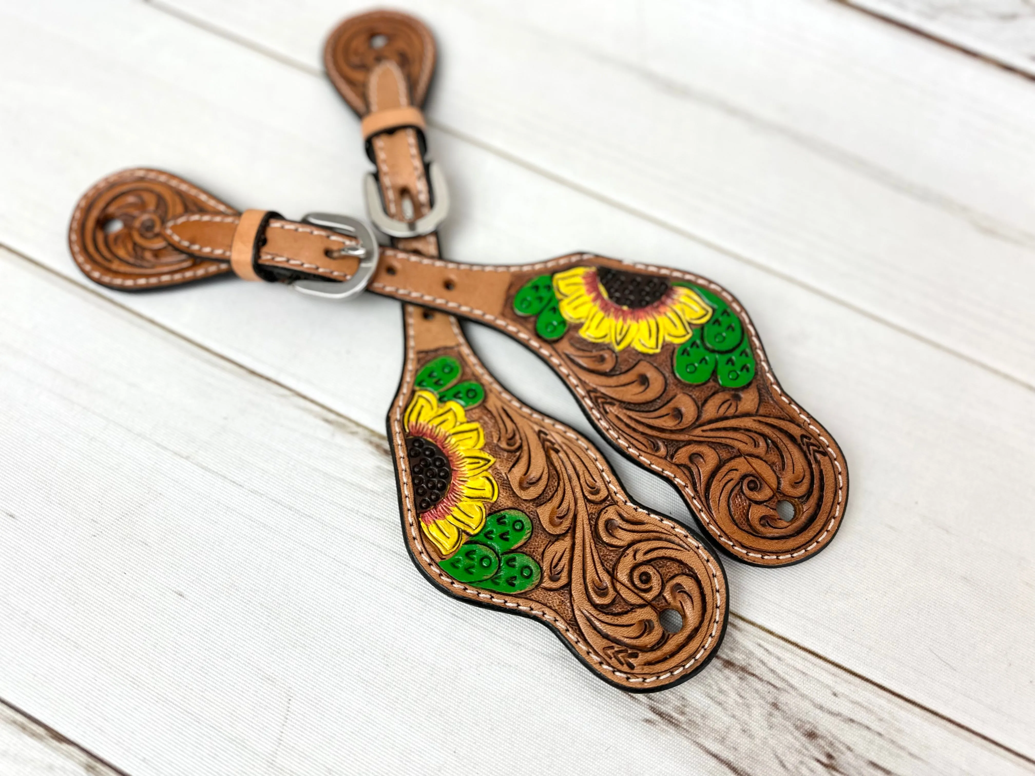 Sunflower Cactus Painted Leather Sunflower Spur Straps