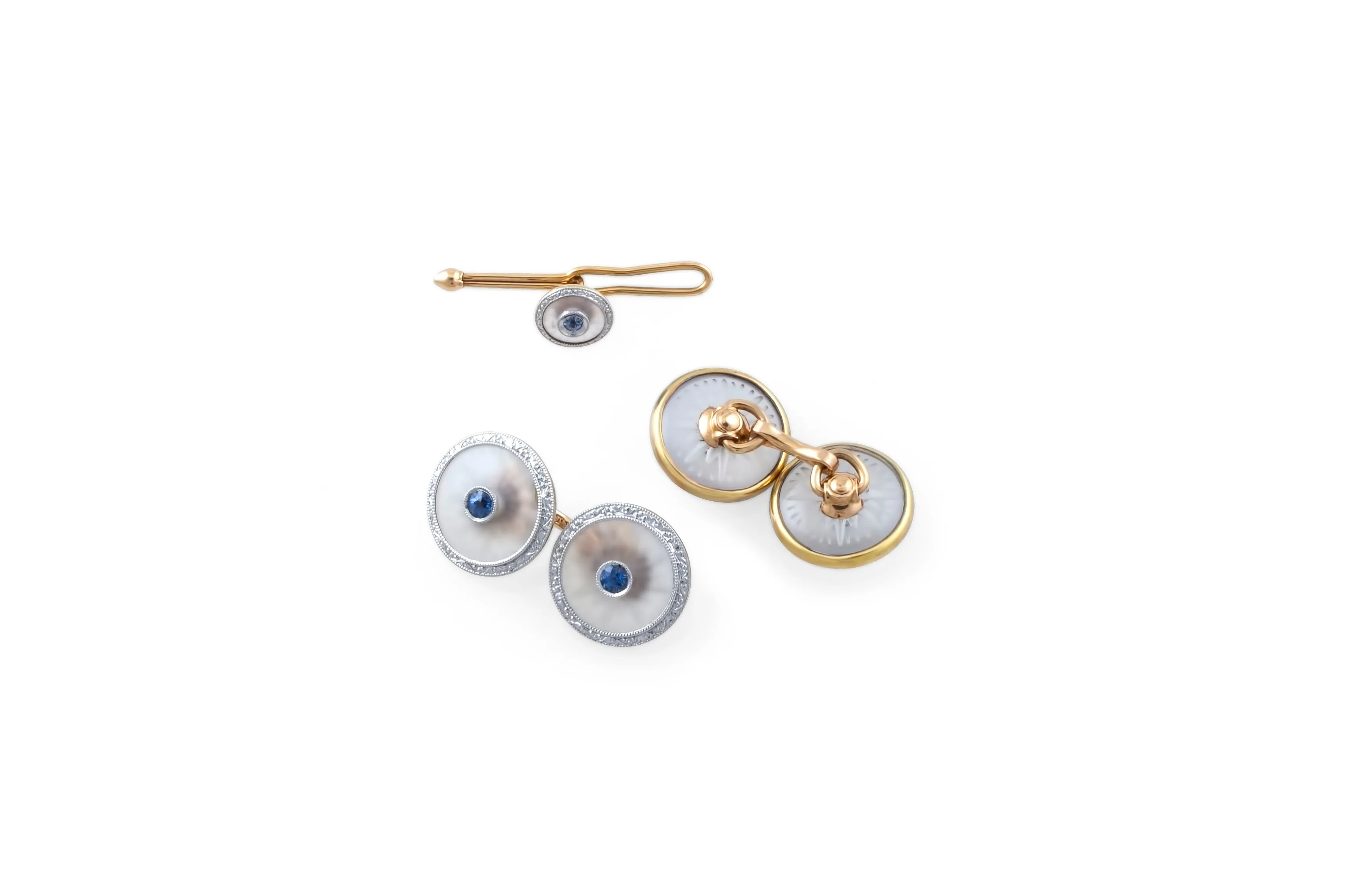 Tuxedo Set - Art Deco Etched Crystal, Sapphire & 14K Gold