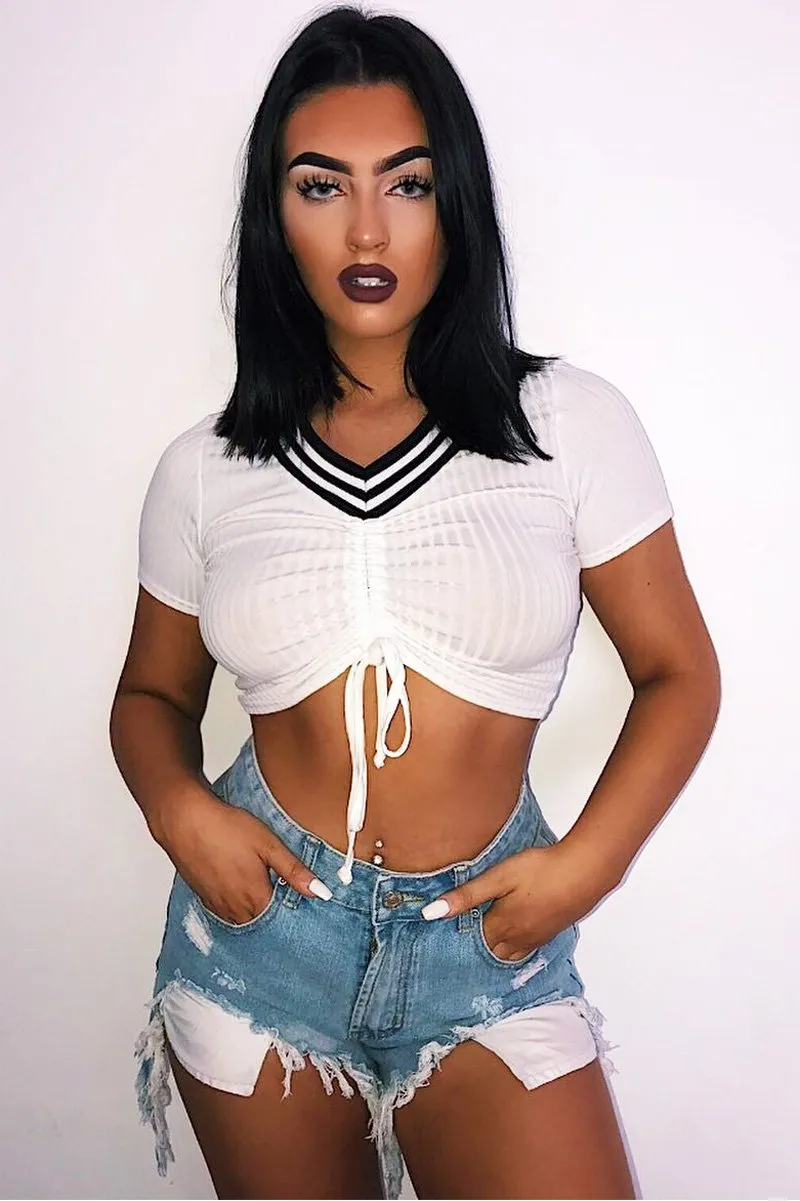 White Ribbed Varsity Stripe Crop Top - Corene