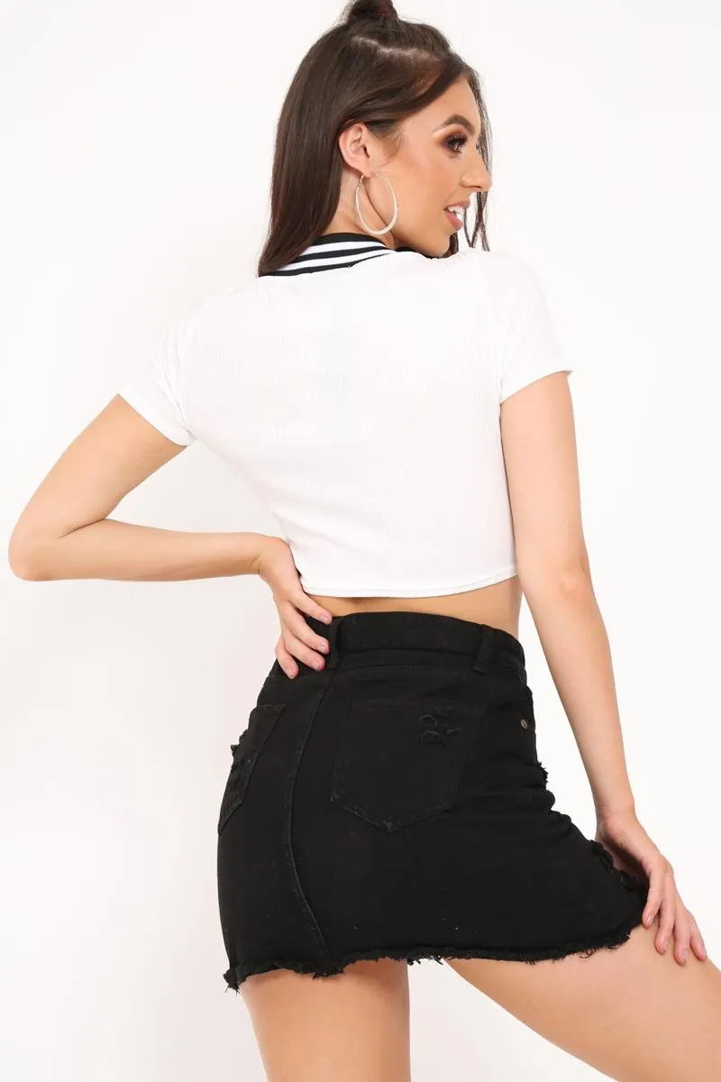 White Ribbed Varsity Stripe Crop Top - Corene